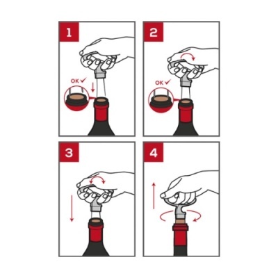 Instruções em quatro passos para usar saca-rolhas com cabeça anatómica em garrafa de vinho
