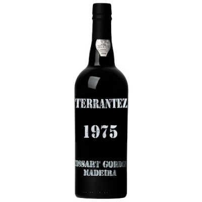 Garrafa preta de vinho Terrantez 1975 Madeira com texto branco e selo prateado no gargalo
