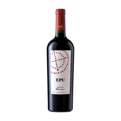 Garrafa de vinho tinto EPU com rótulo branco e círculo de pontos vermelhos