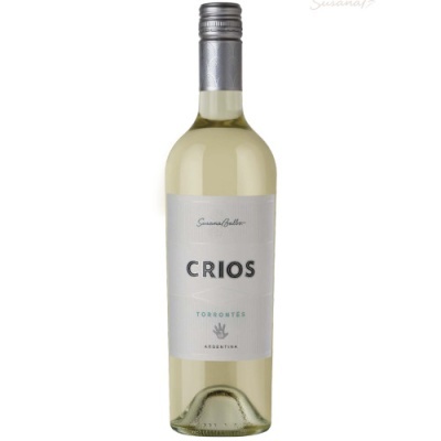 Garrafas de vinho branco Crios Torrontés da Argentina com rótulo cinza e tampa prateada