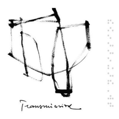 Desenho abstrato em tinta preta de estrutura geométrica com assinatura