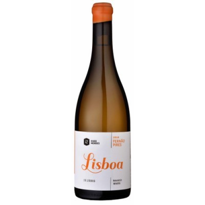 Garrafa de vinho branco Lisboa com rótulo branco e texto laranja e preto