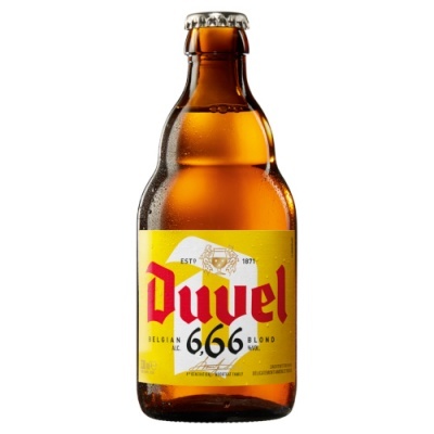 Garrafa de cerveja Duvel 6.66 com rótulo amarelo