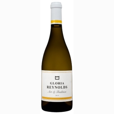 Garrafa de vinho branco Gloria Reynolds com rótulo branco e detalhes amarelos