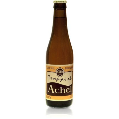 Garrafa de cerveja Trappist Achel castanha com rótulo branco e castanho