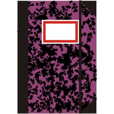 Caderno com capa roxa e padrão preto, etiqueta branca com bordas vermelhas.