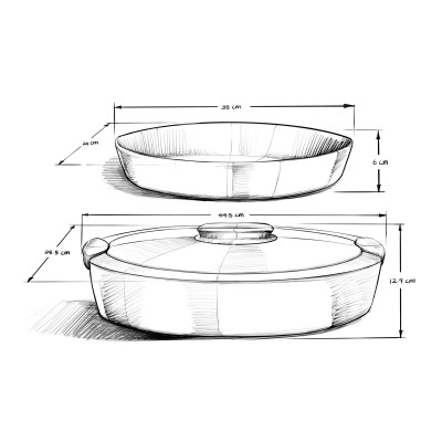 Desenho em preto e branco de recipientes redondos com dimensões indicadas.