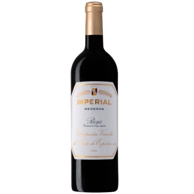 Garrafa de vinho Imperial Reserva Rioja com rótulo branco e letras douradas