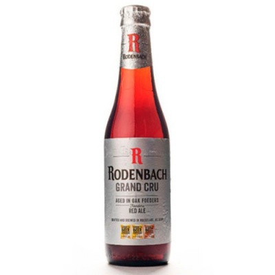 Garrafa de cerveja Rodenbach Grand Cru vermelha com rótulo cinza