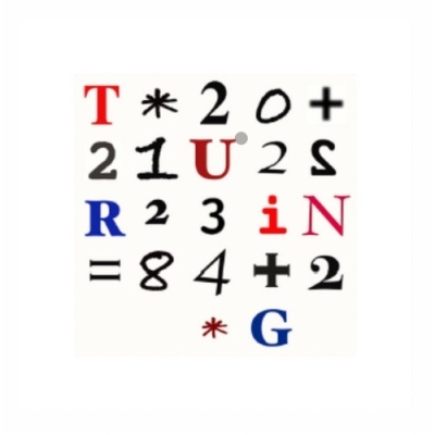 Matriz colorida de letras e símbolos em fundo branco