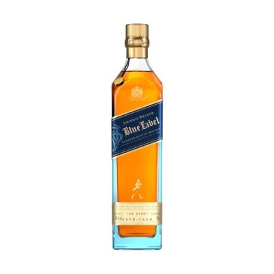 Garrafa de whisky Johnnie Walker Blue Label com rótulo azul e dourado