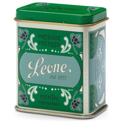 Lata metálica vintage de pastilhas de menta Leone verde e azul