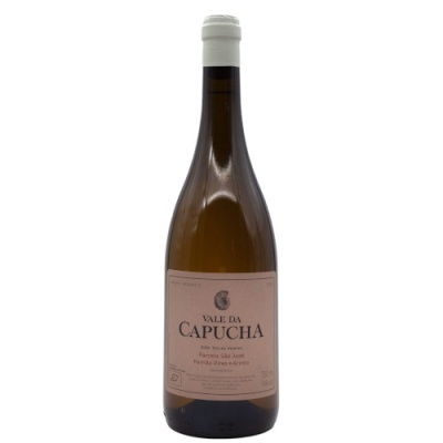 Garrafa de vinho branco Vale da Capucha com rótulo rosa e cápsula branca