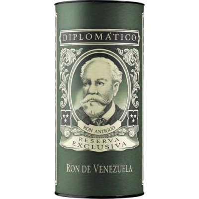 Embalagem cilíndrica verde escura Ron Diplomático com retrato e textos