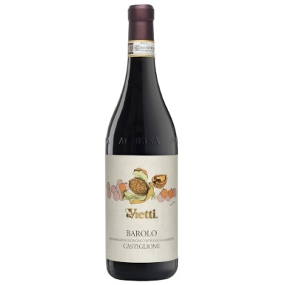 Garrafa de vinho tinto Vietti Barolo Castiglione com rótulo branco e ilustrações de nozes