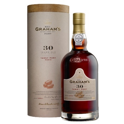 Garrafa de vinho do Porto Graham's 30 anos com embalagem cilíndrica bege