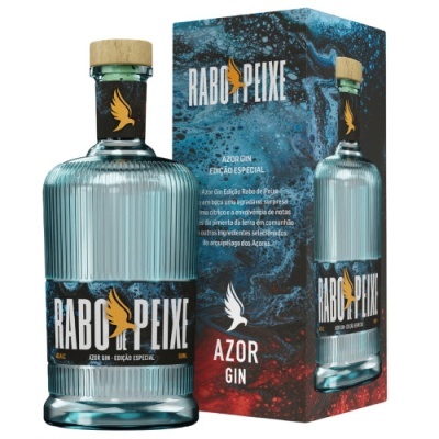 Garrafa de gin Azor Gin com rótulo e caixa colorida