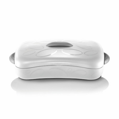 Caixa plástica branca com tampa oval decorada e detalhes cinza