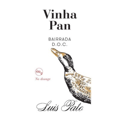 Etiqueta de vinho branco com texto e ilustração de pato