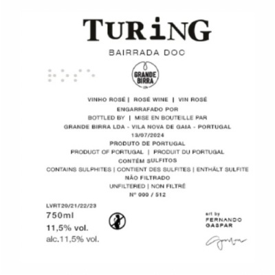 Etiqueta de vinho Turing Bairrada DOC com detalhes do produto e assinatura do artista