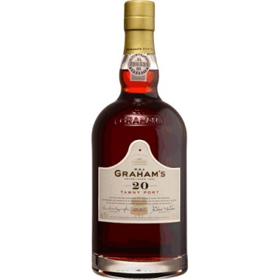 Garrafa de licor Graham's 20 Tawny Port com rótulo branco e tampa dourada