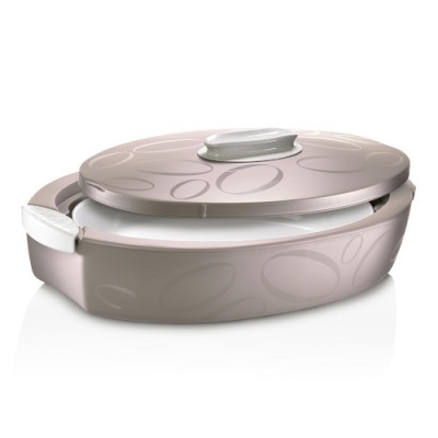 Caçarola oval cinzenta com tampa e pega branca