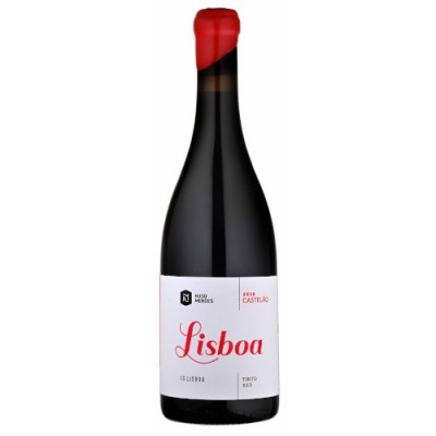 Garrafa de vinho tinto Lisboa com selo vermelho e rótulo branco com texto