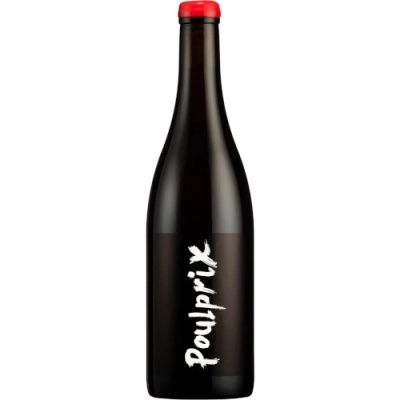 Garrafa de vidro escura com etiqueta preta e tampa vermelha.