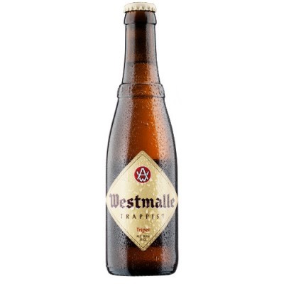 Garrafa de cerveja Westmalle Trappist Tripel de vidro castanho com rótulo dourado