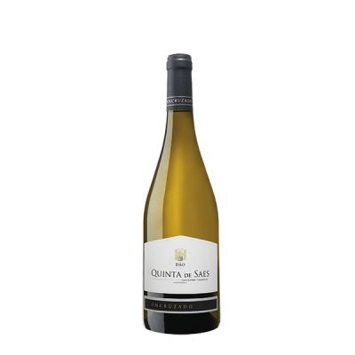 Garrafa de vinho branco Quinta de Saes com rótulo branco e preto