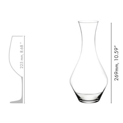 Decantador de vidro transparente ao lado do contorno de uma taça de vinho para comparação