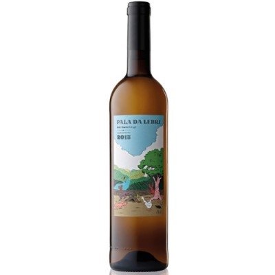 Garrafa de vinho branco Pala da Lebre 2015 com rótulo colorido de paisagem