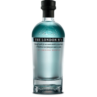 Garrafa de gin azul 'THE LONDON N°1' em vidro com tampa preta