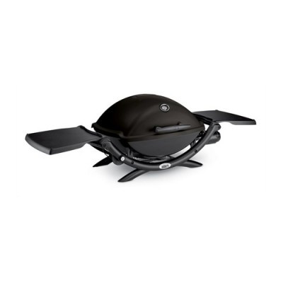 Grelhador portátil preto com tampa e prateleiras laterais