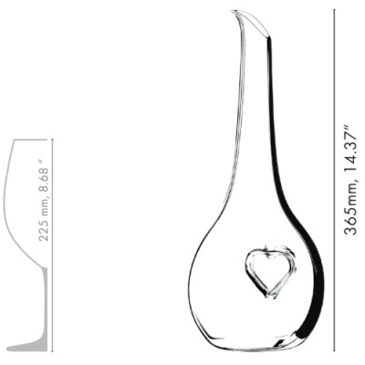 Decantador de vidro transparente com coração e medidas ao lado