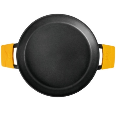 Frigideira redonda preta com pegas amarelas