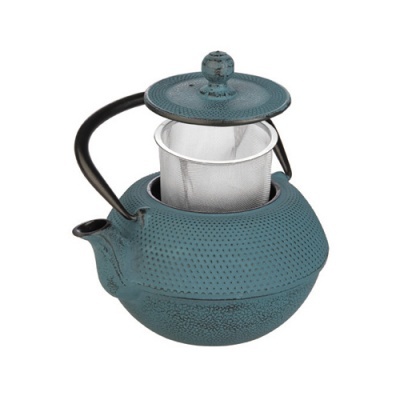 Chaleira de ferro fundido azul turquesa com infusor de metal