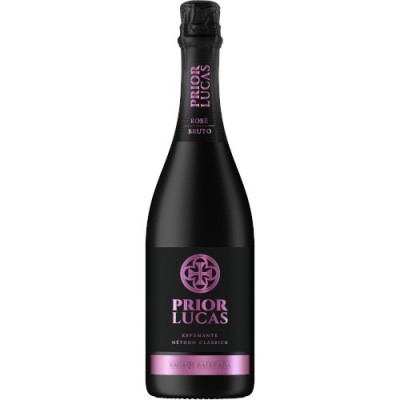 Garrafa de espumante Prior Lucas Rosé Brut com rótulo preto e rosa