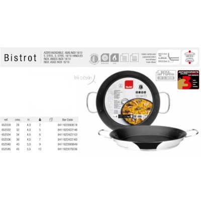 Paellera preta com pegas metálicas em aço inoxidável e embalagem com informações técnicas