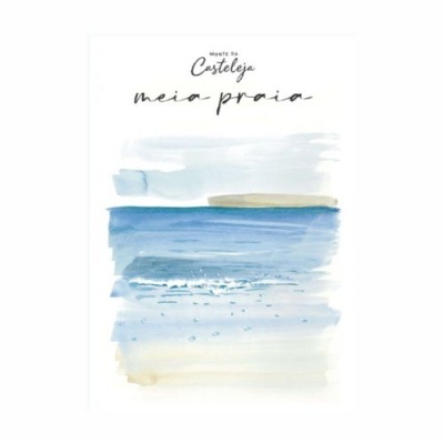 Pintura aguarela do mar e praia com texto Monte da Casteleja meia praia
