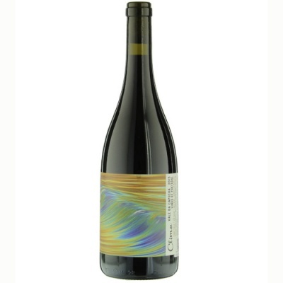 Garrafa de vinho tinto com rótulo colorido abstrato e texto vertical