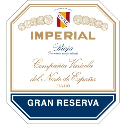 Etiqueta de vinho Imperial Rioja em branco, dourado e azul