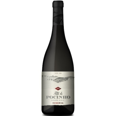 Garrafa de vinho tinto Alto de Pocinho Reserva 2019 com rótulo branco e cápsula preta