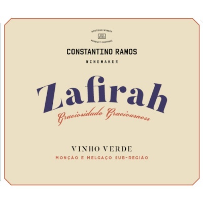 Rótulo de vinho Zafirah com texto em várias cores e estilos sobre fundo bege