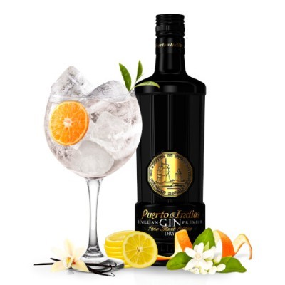 Garrafa preta de gin com cocktail em copo grande e ingredientes frescos