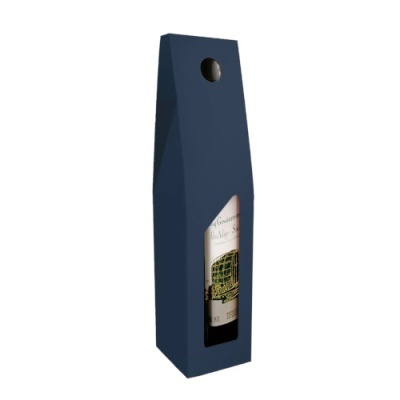 Embalagem azul escura para garrafa de vinho com janela e orifício circular para transporte