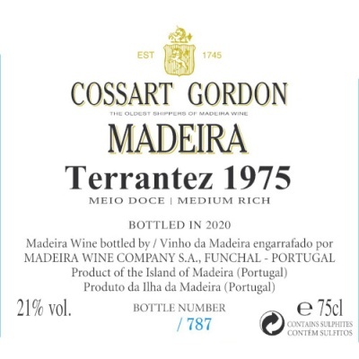 Etiqueta de vinho Madeira Terrantez 1975 da Cossart Gordon com informações de volume, ano e conteúdo