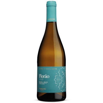 Garrafa de vinho branco Florão 2019 com rótulo azul-turquesa e padrão de folhas