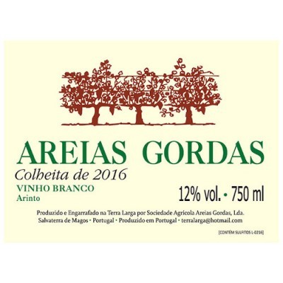 Etiqueta de vinho branco Areias Gordas com árvores e texto em verde e preto