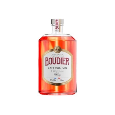 Garrafa de gin Boudier Saffron Gin âmbar com rótulo branco e vermelho